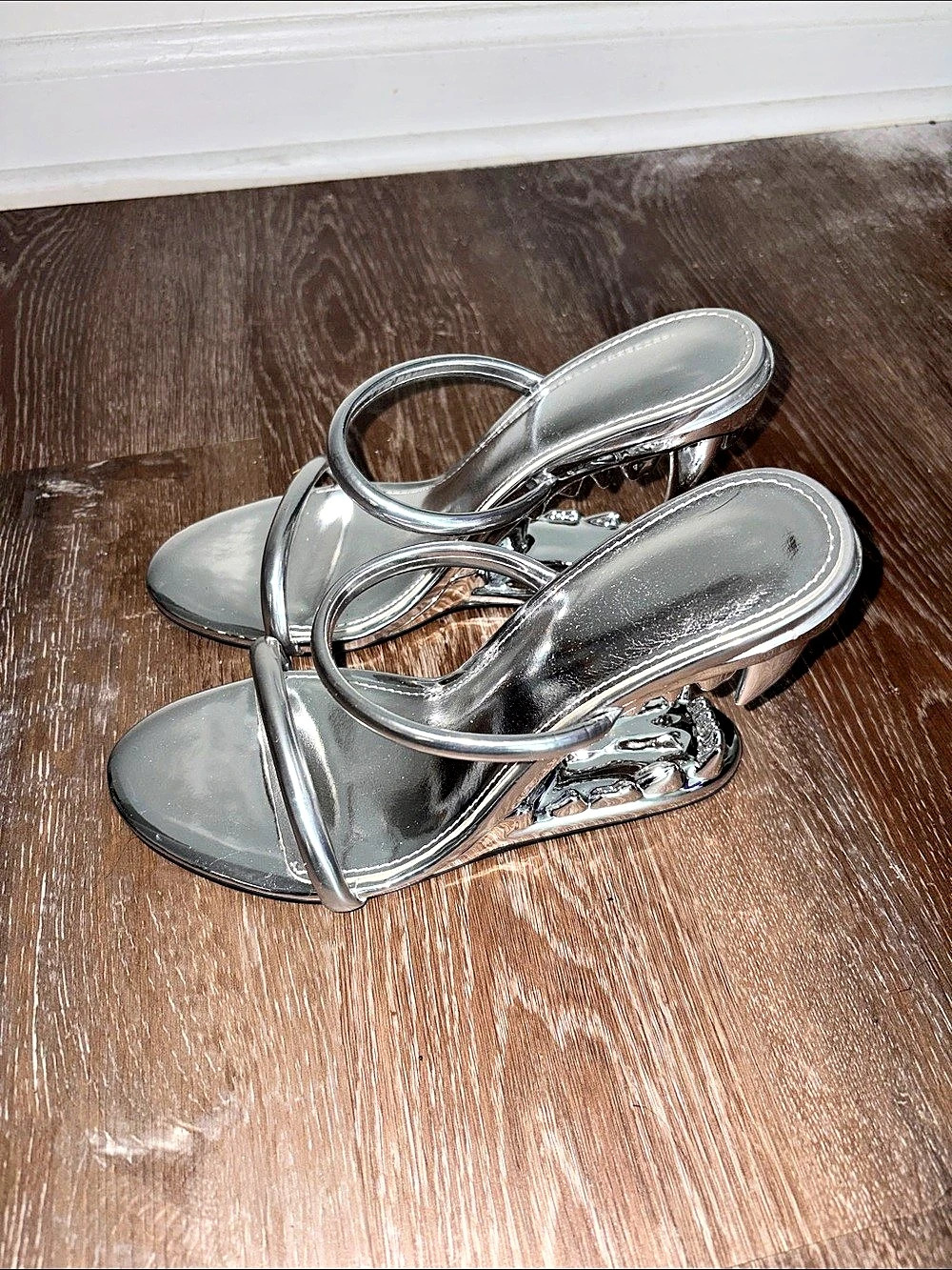 Silver Metallic Tooth Heel Sandals